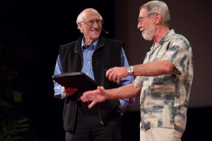 Host Stewart Brand and Dr. David Burney on stage