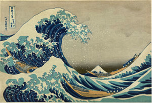 In one of the most famous of all Japanese woodblock prints, Hokusai depicted ca. 1830 a huge wave   engulfing three fishing vessels, with Mt. Fuji in the background.